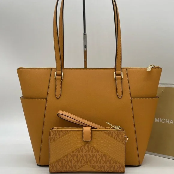 Michael Kors Large Charlotte Tote Bag Double Zip Wallet Wristlet